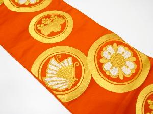 アンティーク　丸文に蝶・桐・花模様織出し袋帯（着用可）